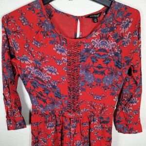 Cottagecore Boho Lucky Brand Floral Print Macrame Mini Dress 3/4 Sleeve Size XS